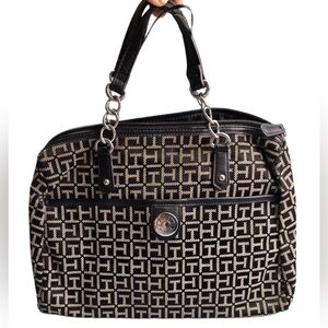 Tommy Hilfiger Black White Satchel Handbag Bowler TH Logo Monogram